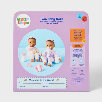 14" Girl Twin Baby Dolls - Brown Hair/Eyes - Gigglescape: Includes Pacifier, Bottle & Plush Outfits