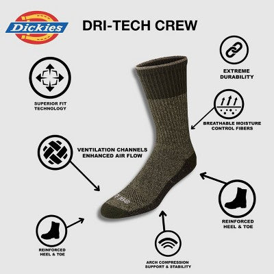 Dickies Men's 6pk Moisture Control Crew Socks - Olive Green 6-122: Midweight Knit, Tagless, Machine Washable, Tumble Dry