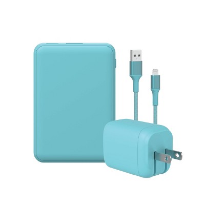 GEMS USB-A to Lightning Charging Gift Set with 5000MmAh Power Bank, Cable, and Wall Charger - Teal Blue