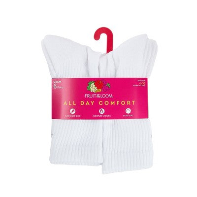 Fruit of the Loom Women's Cushioned 6pk Crew Socks - White 4-10: Moisture Wicking, Ventilating Mesh, 4-Way Stretch
