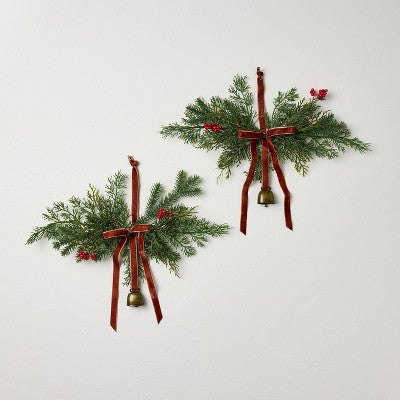 2pk 13" Cypress and Red Berry with Red Ribbon Mini Artificial Swag - Hearth & Hand with Magnolia