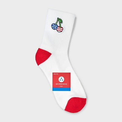 Women's Ribbed Cushioned Embroidered Cherry Short Crew Socks - White/Red/Blue 4-10: Recycled Polyester, Knit