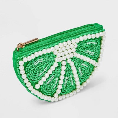 Fruit Slice Coin Pouch Bag - A New Day Green/Off-White: Cotton Botanical Wallet with Card Slots