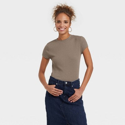 Women's Slim Fit Short Sleeve Ribbed T-Shirt - A New Day Brown XL