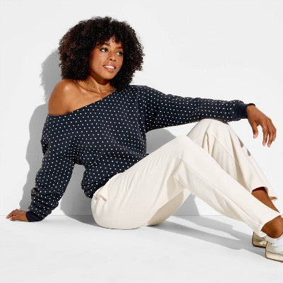 Women's Off the Shoulder Knit Pullover Sweatshirt Gray Dots XL
