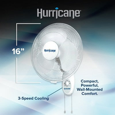 Hurricane 16" Supreme Oscillating Wall Mount Fan, Quiet Corded Electric Air Cooling Unit with Pull Cords for Home, Greenhouse, Garage, Workshop & Gym