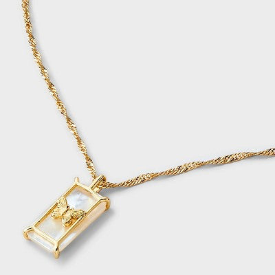 14K Gold Dipped Mother of Pearl Butterfly Tag Pendant Necklace - A New Day Gold