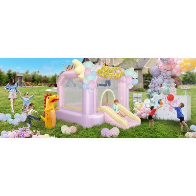 KRISRATE Inflatable Bounce House with Slide, Pink Kids Bouncy Castle for Indoor/Outdoor Use, with Basketball Hoop, Safety Net for Party, No Blower (LOCAL PICKUP ONLY)