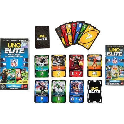 UNO Elite NFL Card Game 2025 Alt Jerseys Edition Starter Pack with 4 Booster Packs & 2 Promo Cards