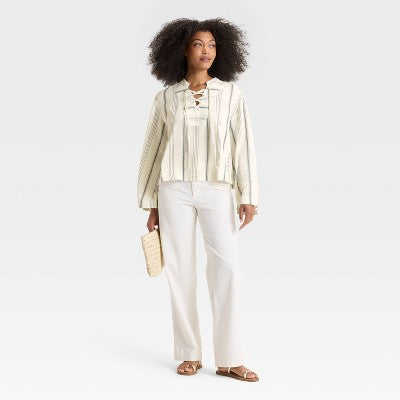 Women's Bell Long Sleeve Tie-Front Popover Blouse - Universal Thread Gray Striped M