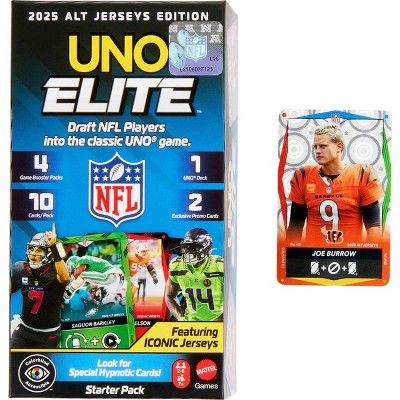 UNO Elite NFL Card Game 2025 Alt Jerseys Edition Starter Pack with 4 Booster Packs & 2 Promo Cards