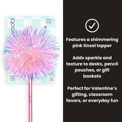 Yoobi Valentine's Day Pom Pom Pen Pink Tinsel 1.0mm Black Ink Valentine's Day Gift