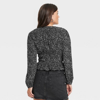Women's Long Sleeve Smocked Blouse Universal Thread BlackFloral M