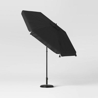 7.5' Tassel Scalloped Edge Outdoor Round Patio Market Umbrella Black with Black Pole - Threshold (LOCAL PICKUP ONLY)