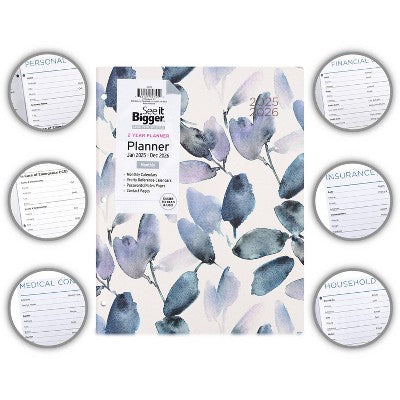 PlanAhead, See it Bigger, Jan 2025-Dec 2026 Monthly, Planner, 8.5"x11", Blue Leaf Floral