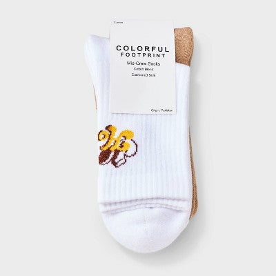 Women's "Howdy" Cowboy Hat Cushioned Ribbed 2pk Mid Crew Socks - White/Brown Heather 4-10
