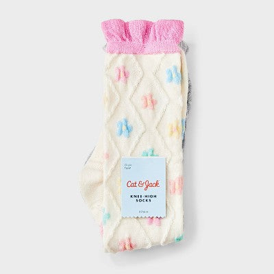 Girls' 2pk Textured Floral & Hearts Ruffle Knee High Socks - Cat & Jack Ivory M