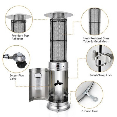 Costway 40000 BTU Patio Heaters Stainless Steel Round Propane Glass Tube Flame W/Wheels (LOCAL PICKUP ONLY)