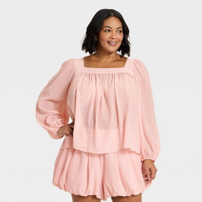 Women's Long Sleeve Square Neck Sheer Blouse A New Day Pink XXXX