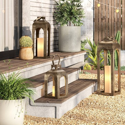 21.875"x8" Pillar Cast Aluminum Lantern Candle Holder Gold - Threshold (LOCAL PICKUP ONLY)