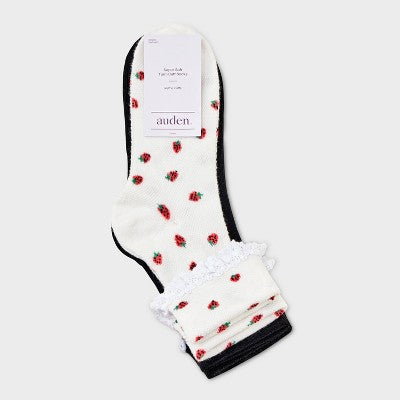 Women's 2pk Comfortwear Strawberry Anklet Socks - Auden - White/Ebony