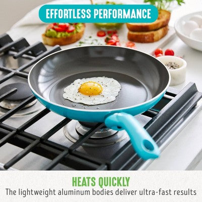 GreenLife Essentials 2pk (8" and 10") Ceramic Nonstick Aluminum Fry Pan Set Caribbean Blue: Cookware Set, Dishwasher-Safe