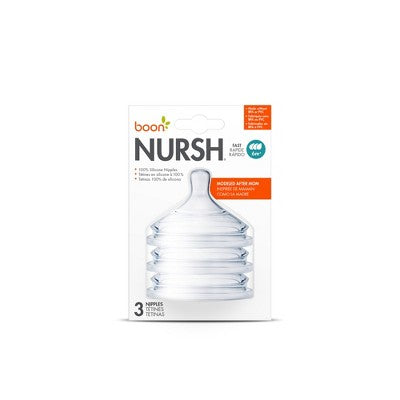 Boon NURSH Silicone Bottle Nipples - Fast Flow - 3pk