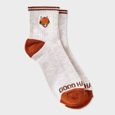 Women's Embroidered Highland Cow 'Good Hair Day' Ribbed Ankle Socks - Oatmeal Heather 4-10