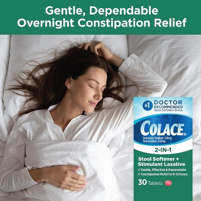 Colace 2-in-1 Stool Softener and Stimulant Laxative Tablets for Gentle Constipation Relief, Docusate and Senna, 30 Count