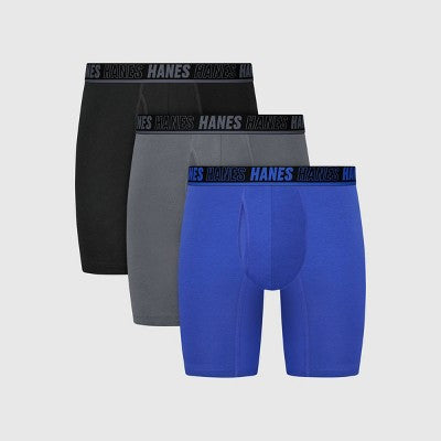 Hanes Men's Anti-Chafe Long Leg Boxer Briefs 3pk - Black/Gray/Blue M