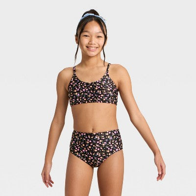Girls' High Waisted Floral Swimsuit Bottom Black/Orange/Pink S