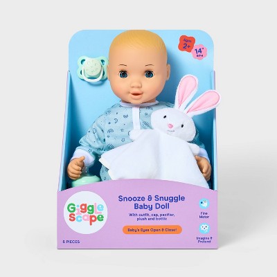 14" Snooze and Snuggle Baby Doll - Blonde Hair + Blue Eyes - Gigglescape