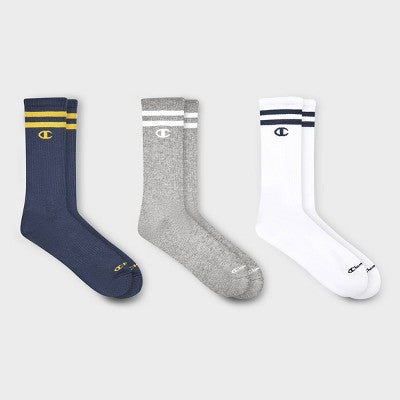 Champion Mens 3pk Varsity Cushion Crew Socks Navy/Gray/White 6-12
