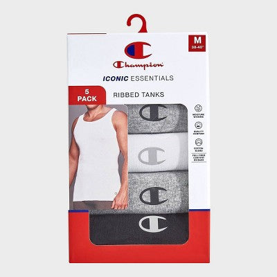 Champion Men's Iconic Essentials 5pk Rib Tank Top Shirt - Black/Gray/White XL