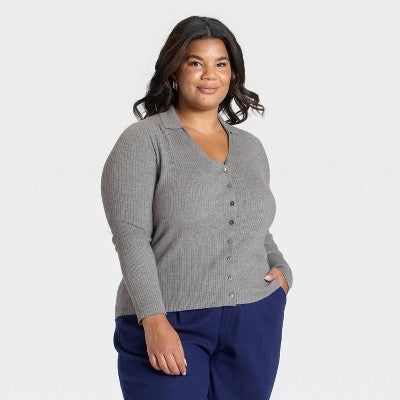 Women's Ribbed Cardigan Sweater - A New Day Heather Gray 1X