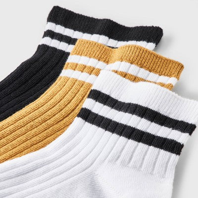 Women's Varsity Striped Ribbed 3pk Ankle Socks - Universal Thread Gold/White/Black 4-10: Tagless