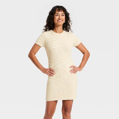Women's Short Sleeve Rib Mini Sweater Dress -  Oatmeal XS