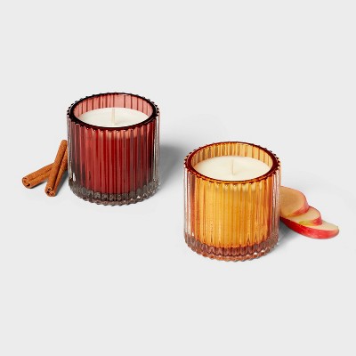 2pk Ribbed Glass Candle Giftset Vanilla Pumpkin and Warm Cider and Cinnamon - Threshold