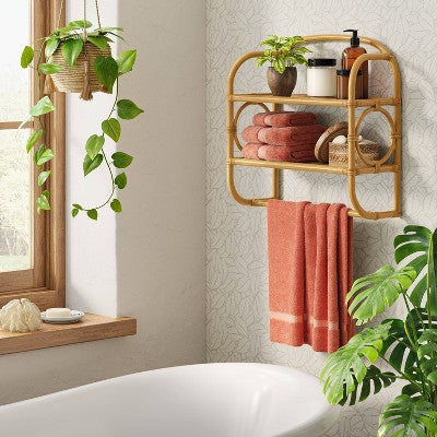 Rattan Wall Bath Shelf Honey Tan - Threshold: Lacquered Finish, Nickel Hardware, 2 Fixed Shelves (LOCAL PICKUP ONLY)