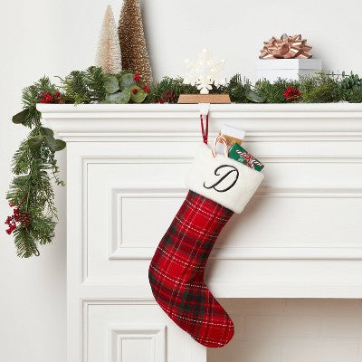 20" Plaid Monogram 'D' Christmas Stocking with Faux Fur Cuff Red/Green/White - Wondershop: Traditional Decor