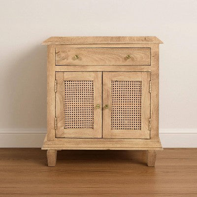 The Urban Port 30" Nightstand Table Rattan Cabinet Doors and Drawer Fronts Sandblasted Brown Mango Wood Brown (LOCAL PICKUP ONLY)