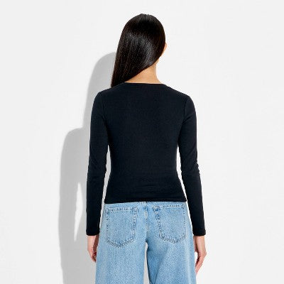 Women's Long Sleeve Ribbed Henley Shirt - Wild Fable Black XXS