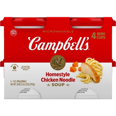 Campbell's Homestyle Chicken Noodle Soup Microwavable Mini Cups - 28oz/4pk: No Added Sugar, No High Fructose Corn Syrup