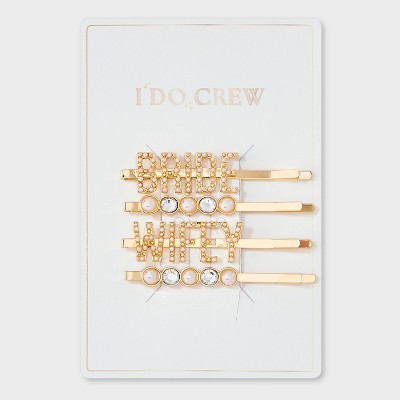 Bride and "Wifey" Pearl and Rhinestone Hair Clip Set 4pc - Gold