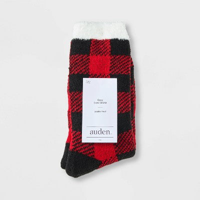 Women's Buffalo Plaid Double Lined Cozy Crew Socks - Auden Red/Black 4-10: Lightweight Knit, Double-Layered, Machine Washable