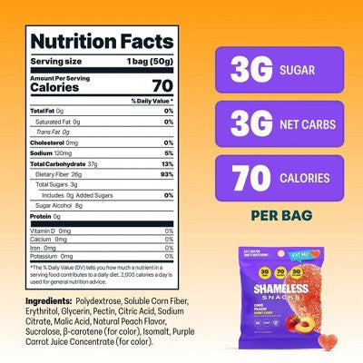 Shameless Snacks OMG Peach Low Calorie Keto Gummies - 1.8oz