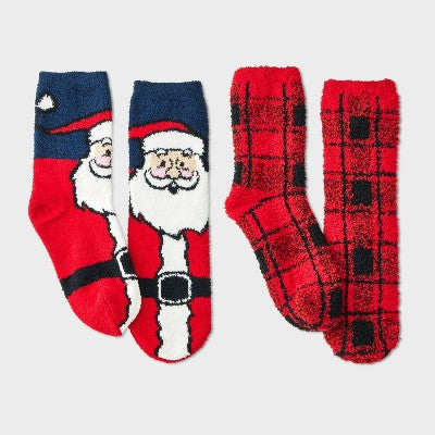 Kids' 2pk Santa & Plaid Cozy Crew Socks with Gift Card Holder - Wondershop Red/Navy Blue XS/S