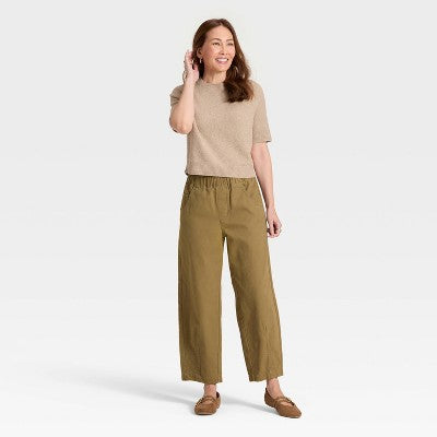 Women's Mid-Rise Barrel Leg Pull-On Pants - Olive Green L