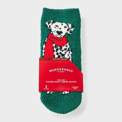 Toddler 2pk Cozy Christmas Dalmatian & Striped Crew Socks with Gift Card Holder - Wondershop Dark Green/Red 2T-3T