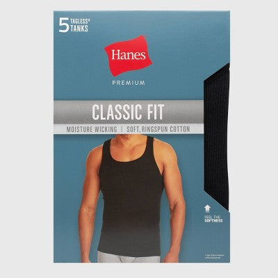 Hanes Premium Men's Tank Top Undershirt 5pk - Black/Gray XXL: Classic Fit, Tagless, Moisture Wicking, Breathable Fabric